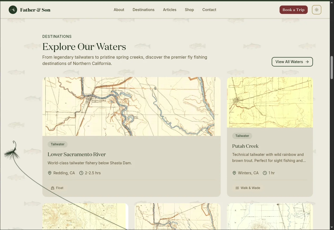 Father and Son Fly Fishing — homepage showing trip discovery and seasonal content