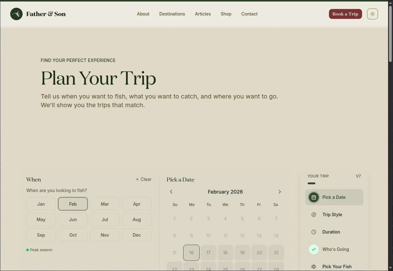 Father and Son Fly Fishing — cross-filtering booking wizard showing season, species, and water selection