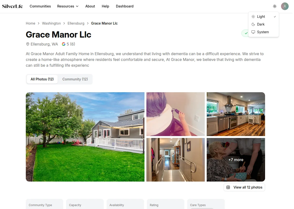 SilverLife — facility detail page with photos, ratings, and care information